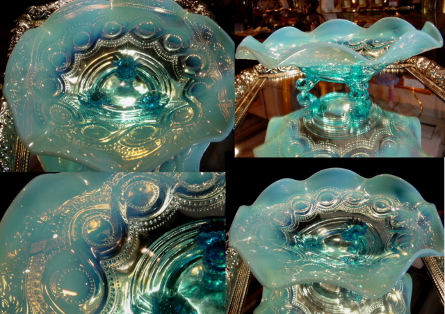 イギリス アンティーク ブルーオパールセント 3つ足のガラスボウル