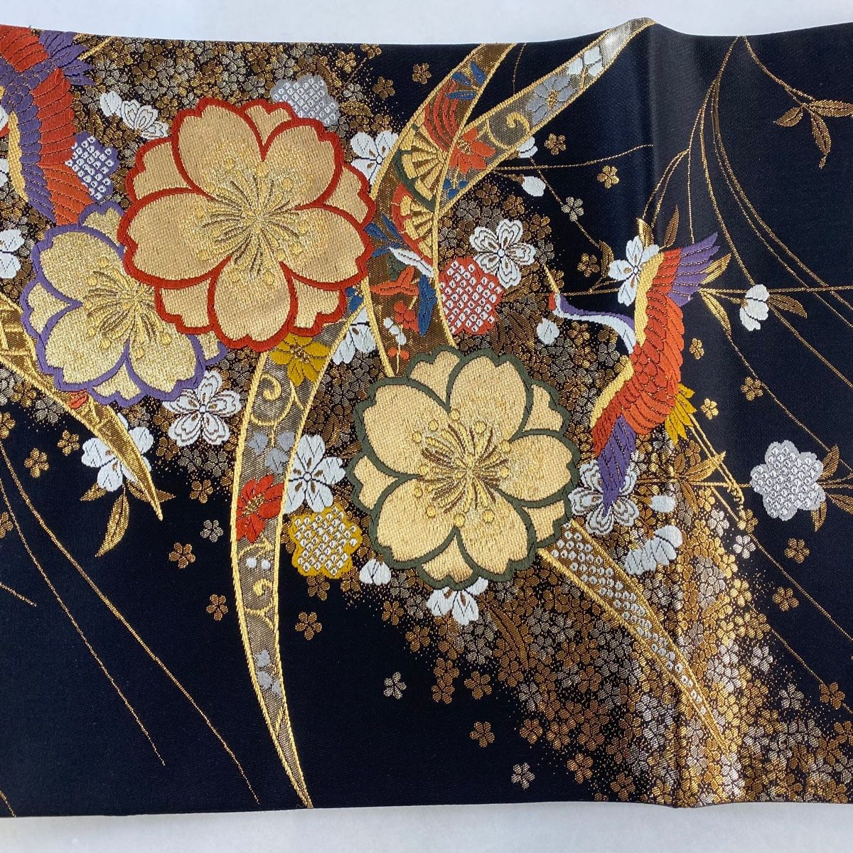 美品】 袋帯 名品 桜 花びら 金糸 ディスカウント 濃紫 六通 正絹