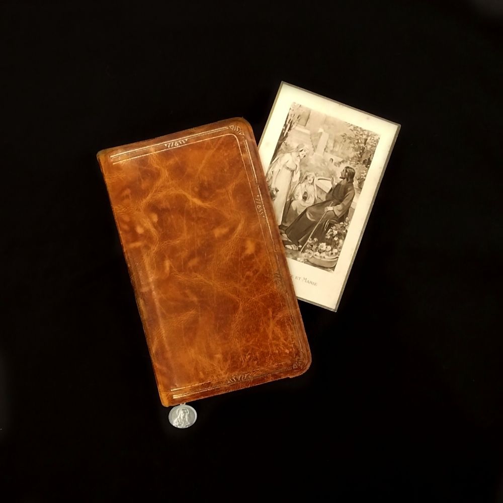 アンティーク 祈祷書 フランス 1891年 革装 聖書 挿画入り キリスト