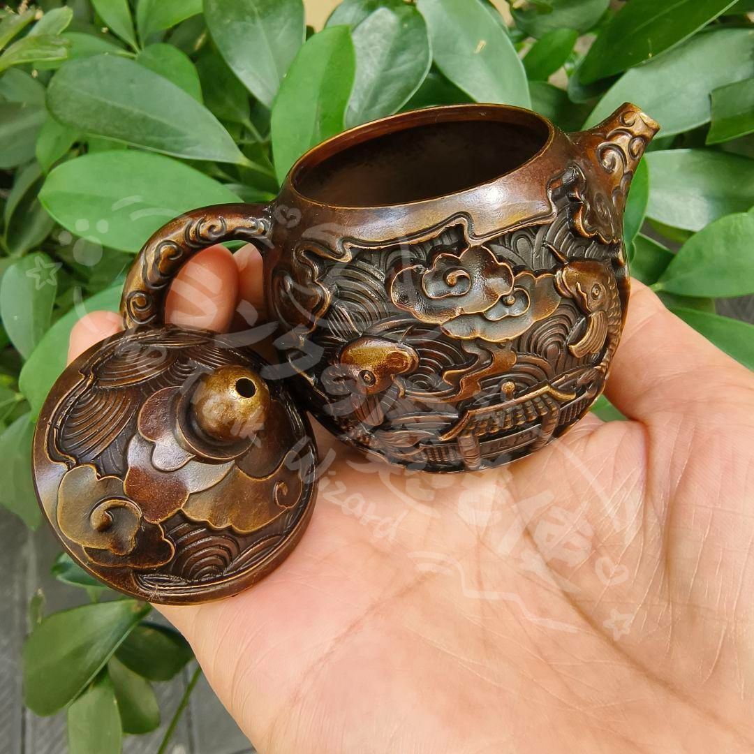 新年ギフト浮彫鯉躍龍門茶壺 酒壺 家庭茶道 工芸品 置物 節約 銅製品