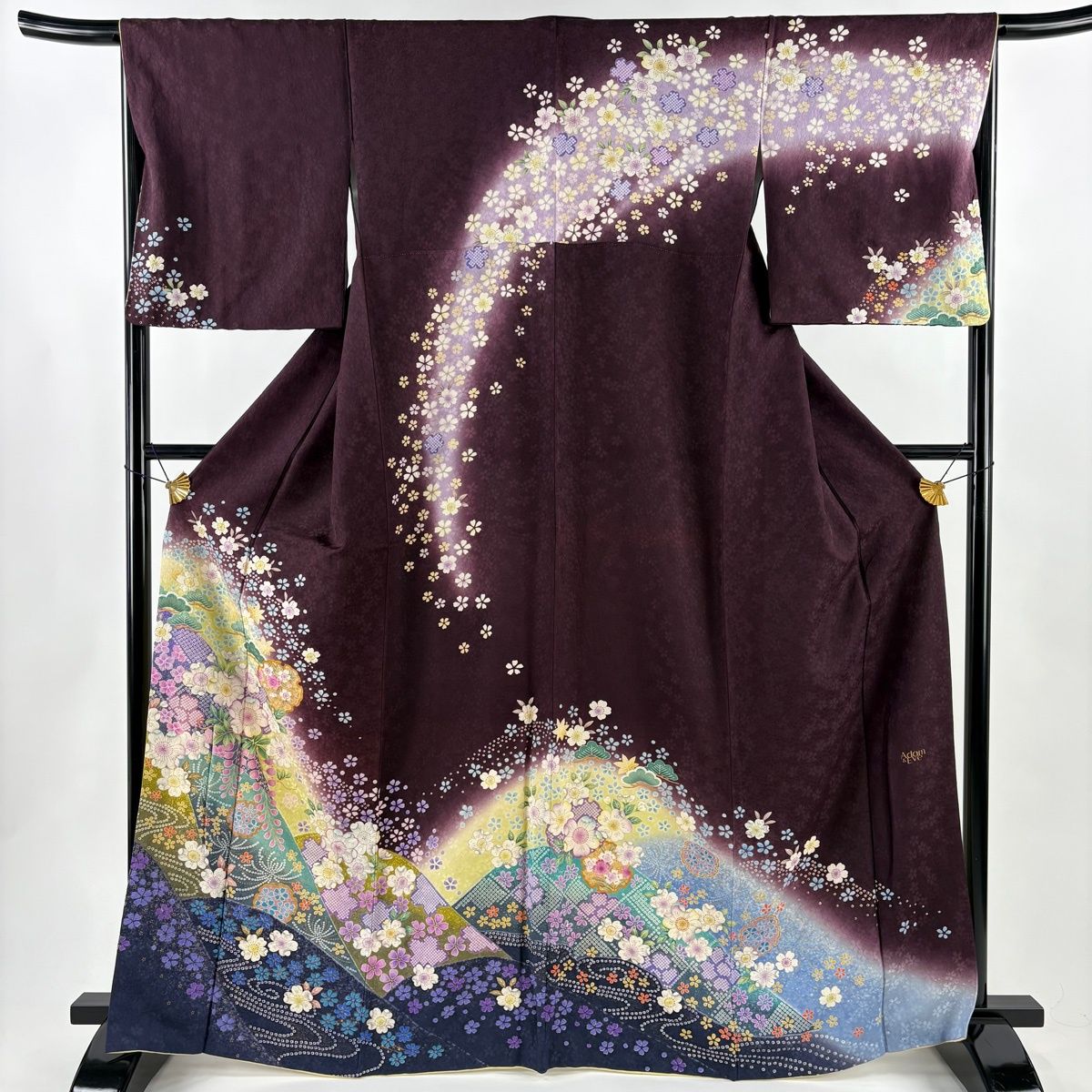 訪問着 身丈165cm 裄丈66.5cm M オンライン 袷 雪輪 桜 金彩 ぼかし 濃紫