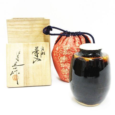洛東 桶谷定一 作 肩衝茶入 共箱 仕覆 茶筒 茶道具 京