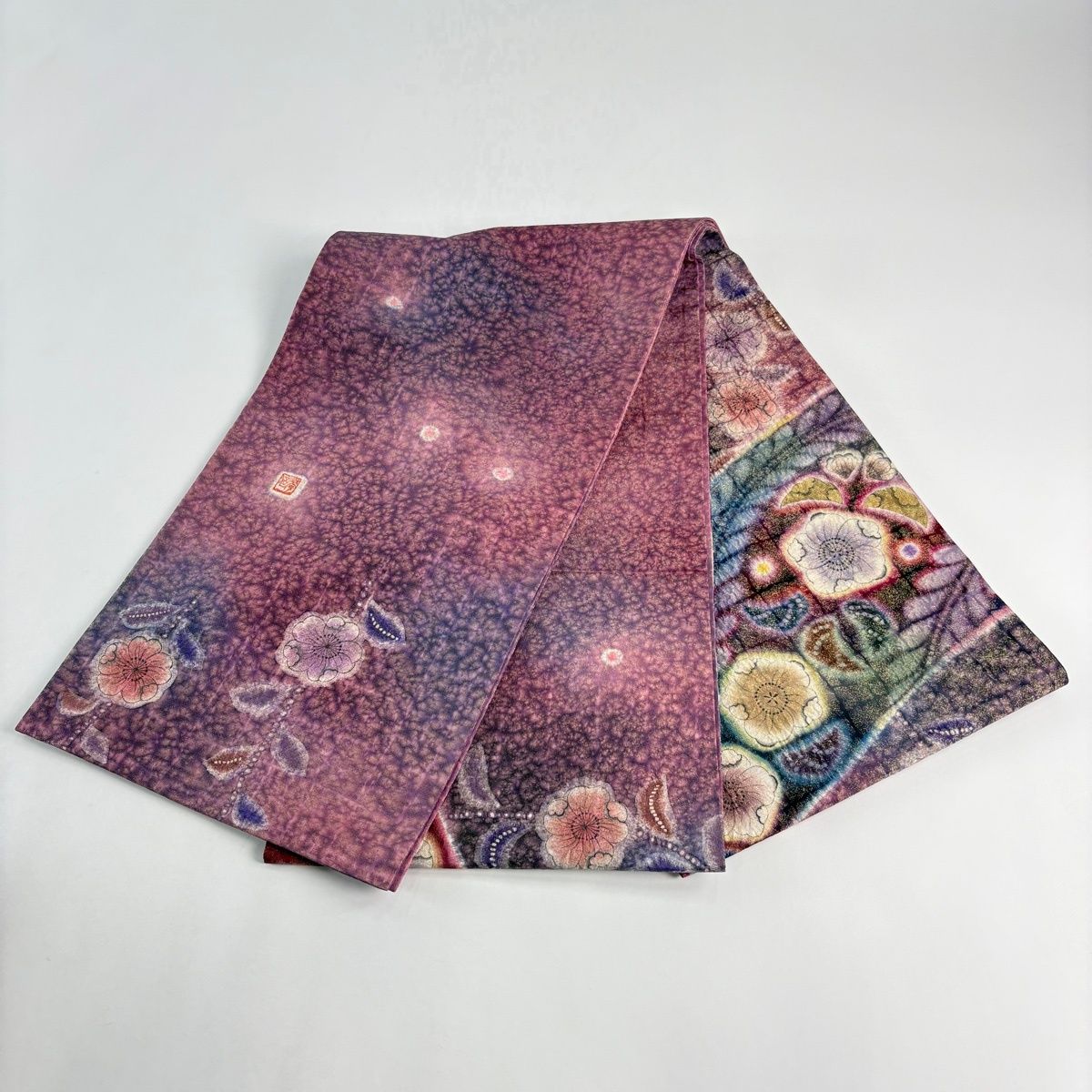 美品】 袋帯 名品 落款 辻が花 霞 金通し ぼかし 紫 お太鼓柄 正絹