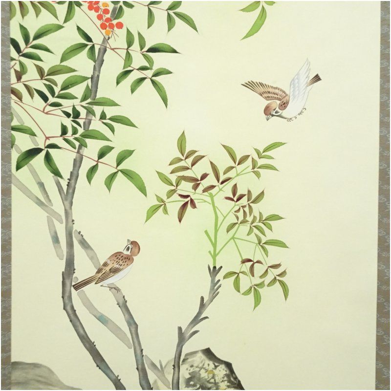 河田雲鳳筆 消災南天 肉筆絹本掛軸（共箱） 掛け軸 床の間 書 おしゃれ