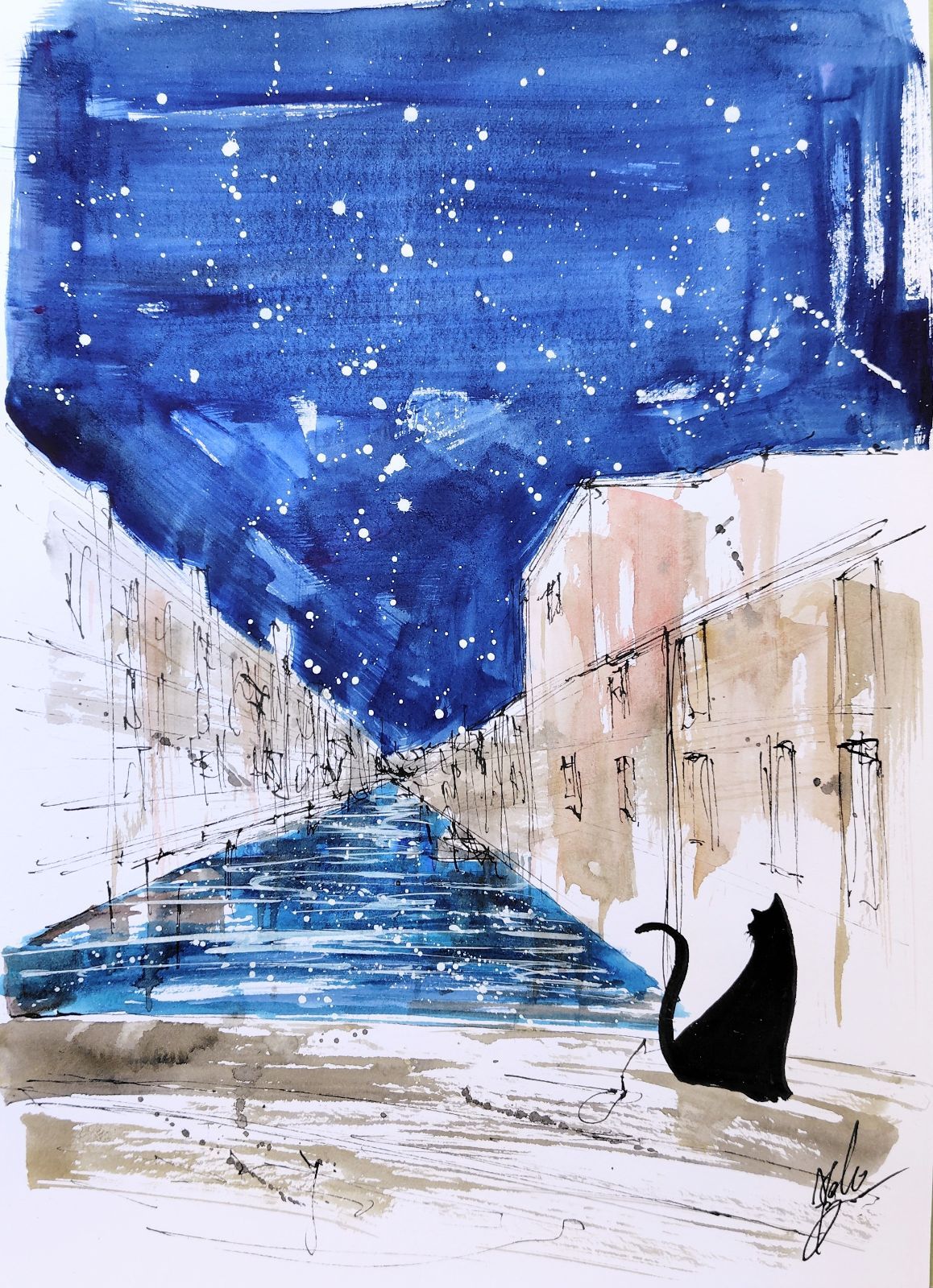原画#3967 黒猫 星空 ベネチア 水彩画 ドローイング インテリア 絵画