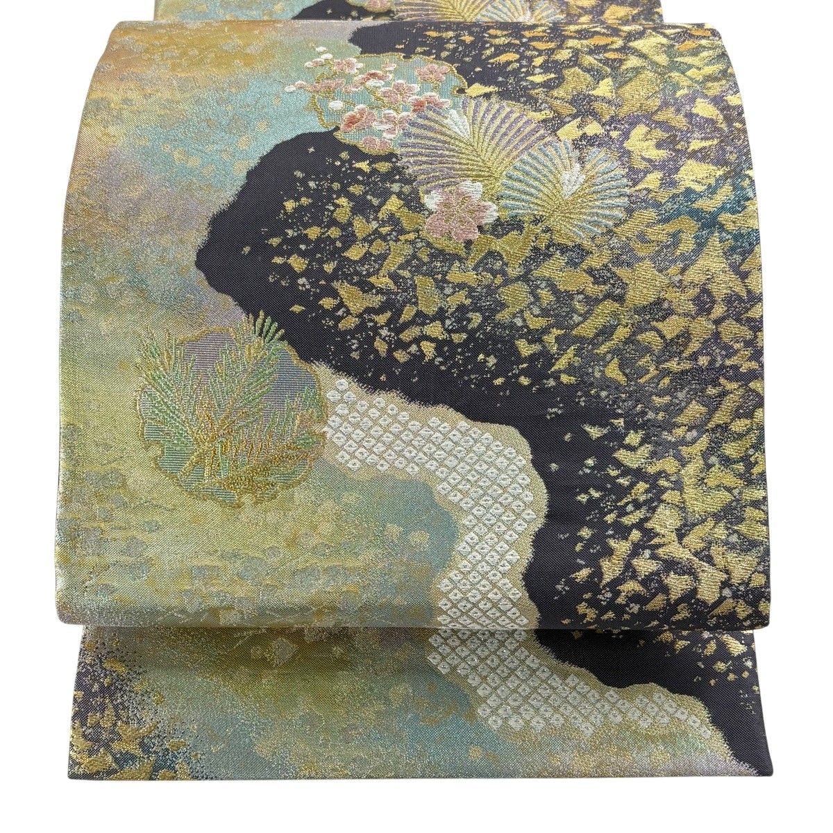 美品】 袋帯 秀品 加賀彩々 松梅 雪輪 金糸 箔 紫 六通 正絹 【中古