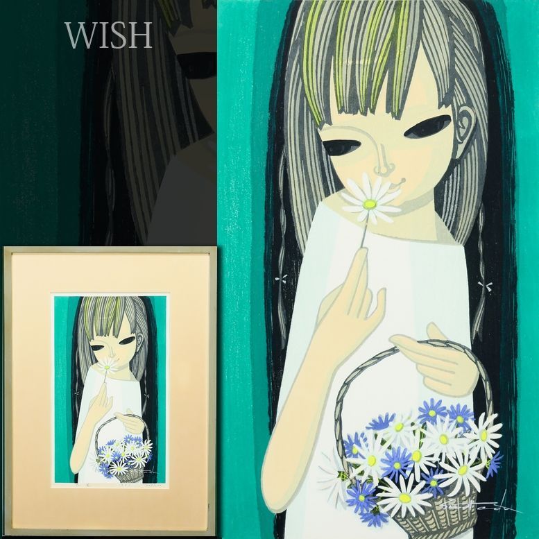 真作】【WISH】池田修三「花篭」木版画 5号 1981年作 直筆サイン 少女