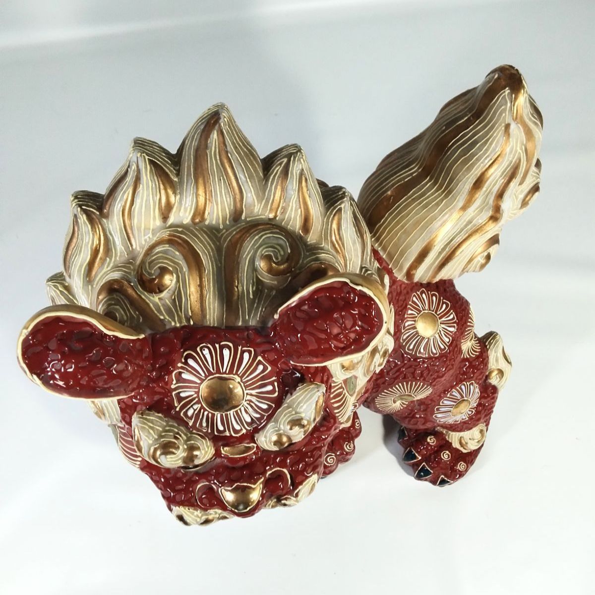 九谷焼 須栄義作 八幡窯 玉乗り獅子 高さ約30.0cm 置物 陶器 シーサー