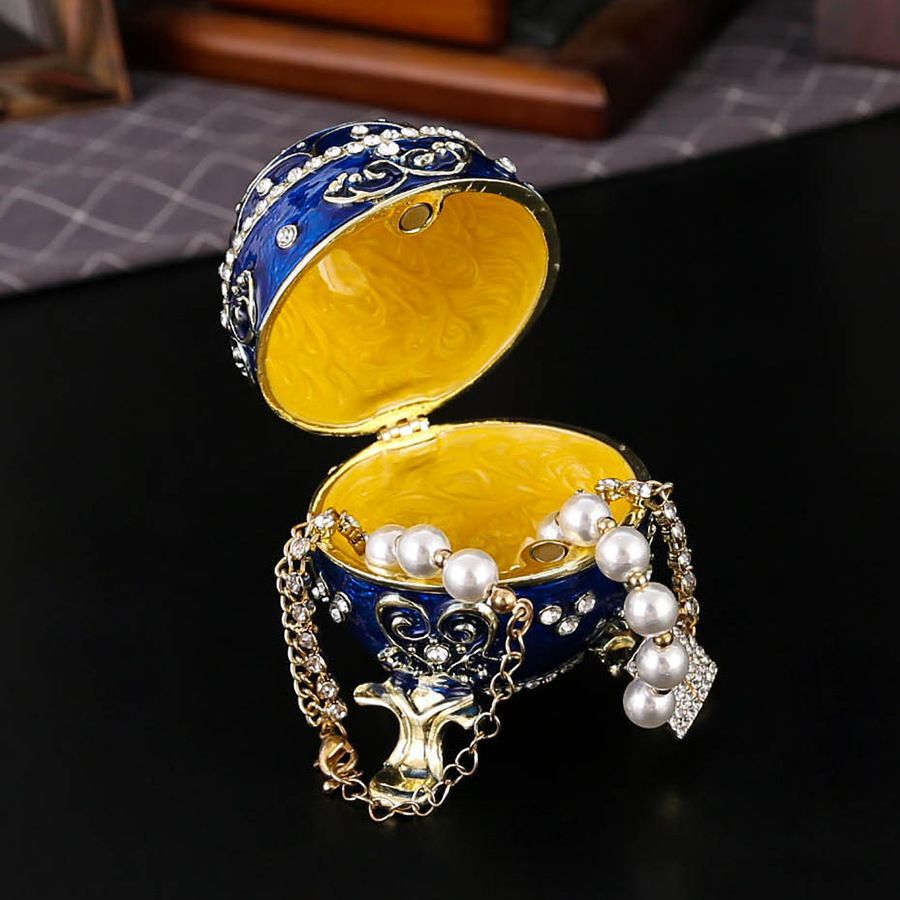 新品未使用 七宝焼金属卵型ジュエリーボックス 蓋付き埃防止 活け卵型