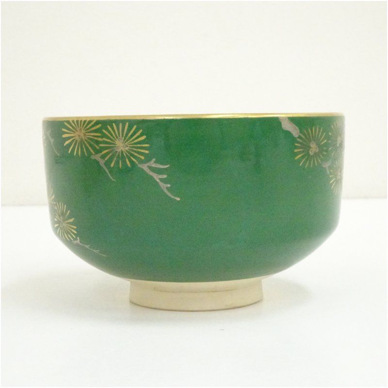 京焼 東雲窯造 緑釉金襴唐松茶碗（共箱） 茶道 抹茶 おしゃれ 抹茶茶碗