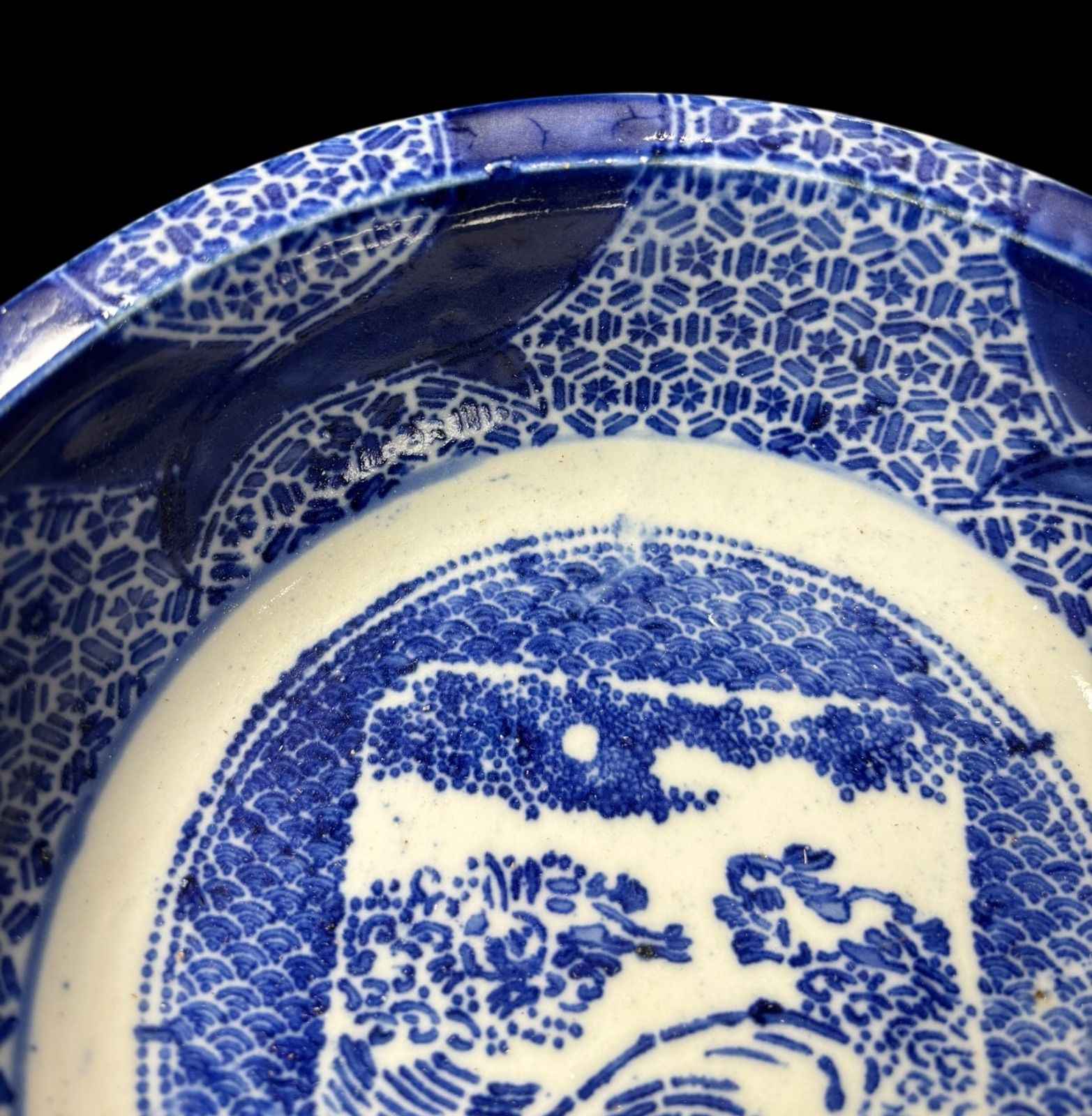 明治期 銅版転写 月に波うさぎ図 印判大鉢 染付 盛り鉢 色絵 鉢 取り皿