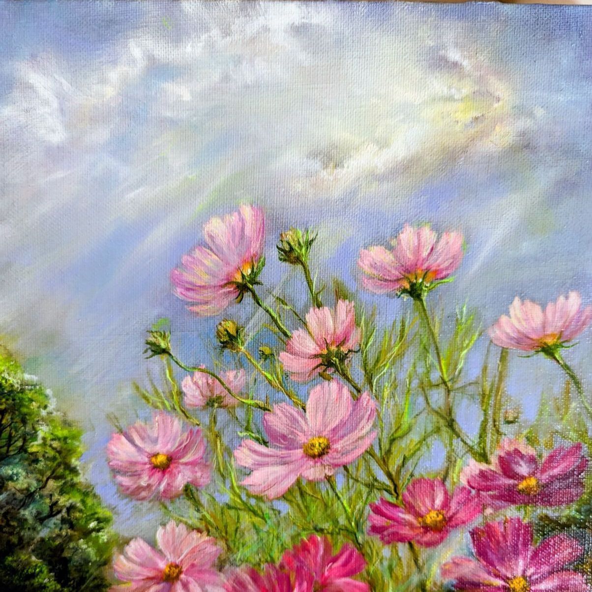 コスモス風景画 painterTMK真筆 「光が舞い降りて…」花の風景画 肉筆 秋の