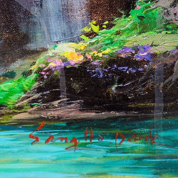 風景画 油絵F10 額付 F10 ◎ 油彩画 「清流」 S・H・パーク F10号 滝の