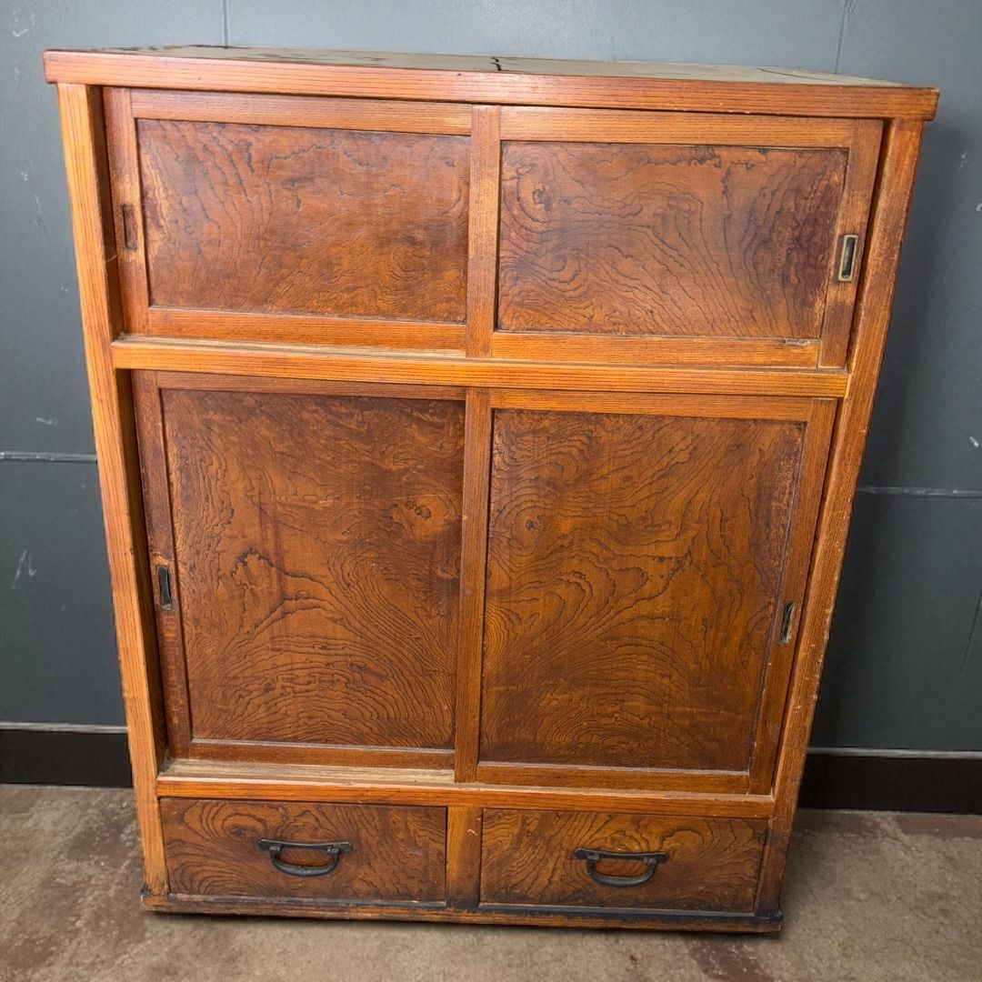 レトロ・アンティーク 前欅！古い木製収納棚 水屋箪笥 食器棚/古家具/収納/