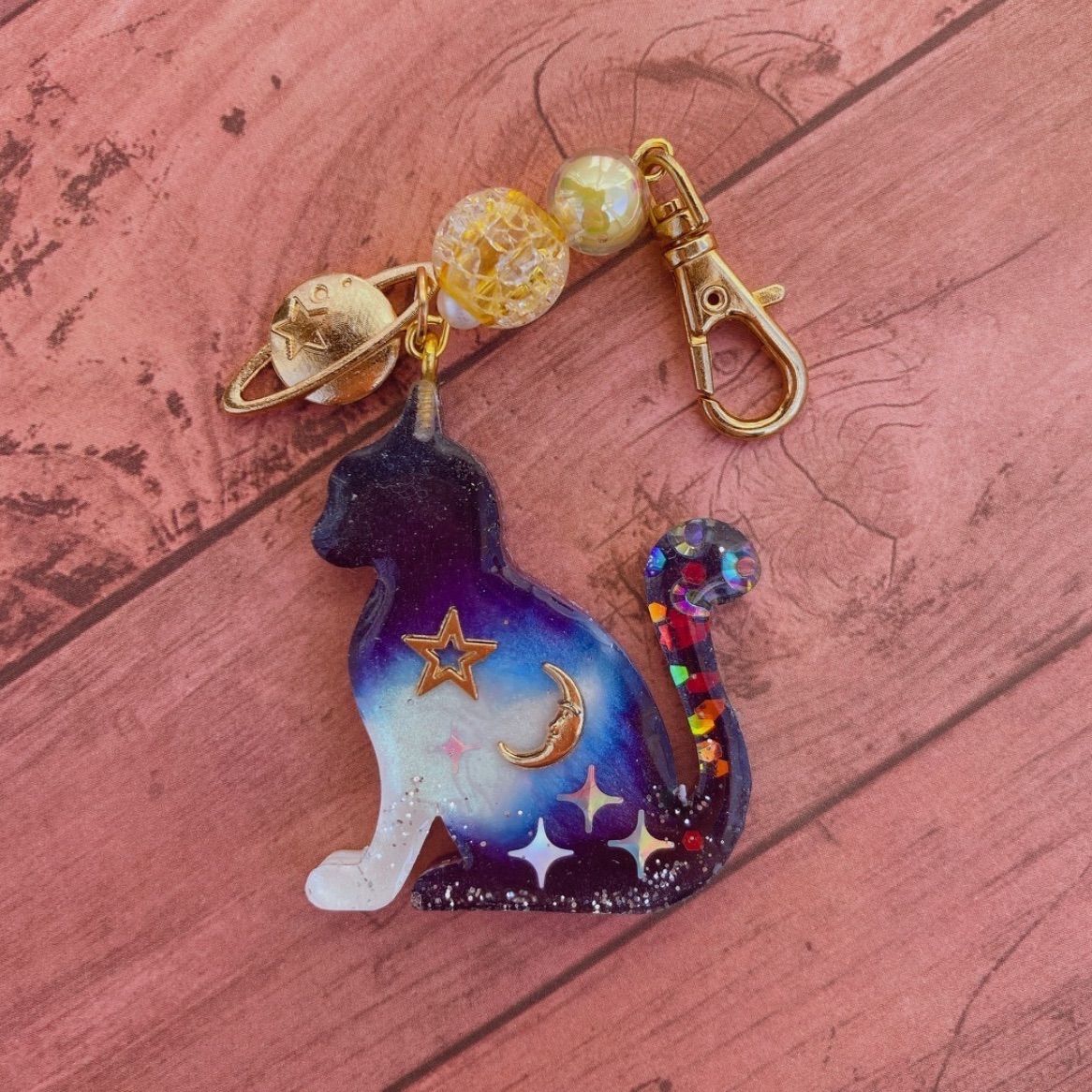 RUKURUKU様専用/桃の花と親子猫 蓄光 オルゴナイトキーホルダー