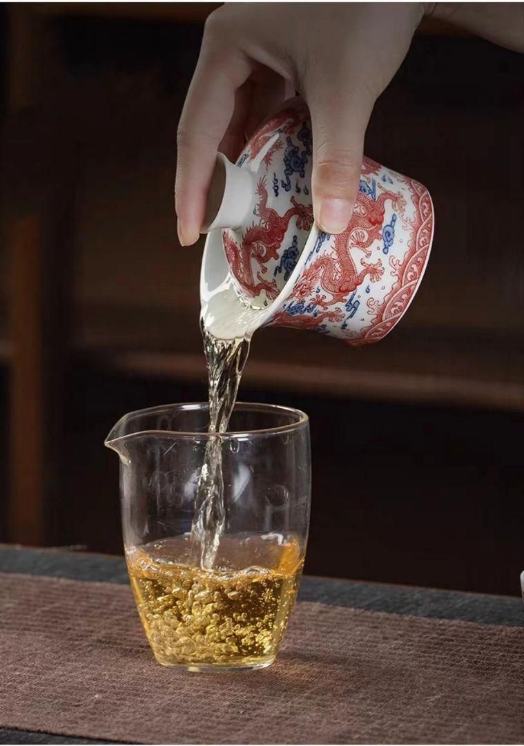 中国茶器 景徳鎮 九龍馬蹄三才蓋碗 茶杯 新品未使用 中国茶器 景