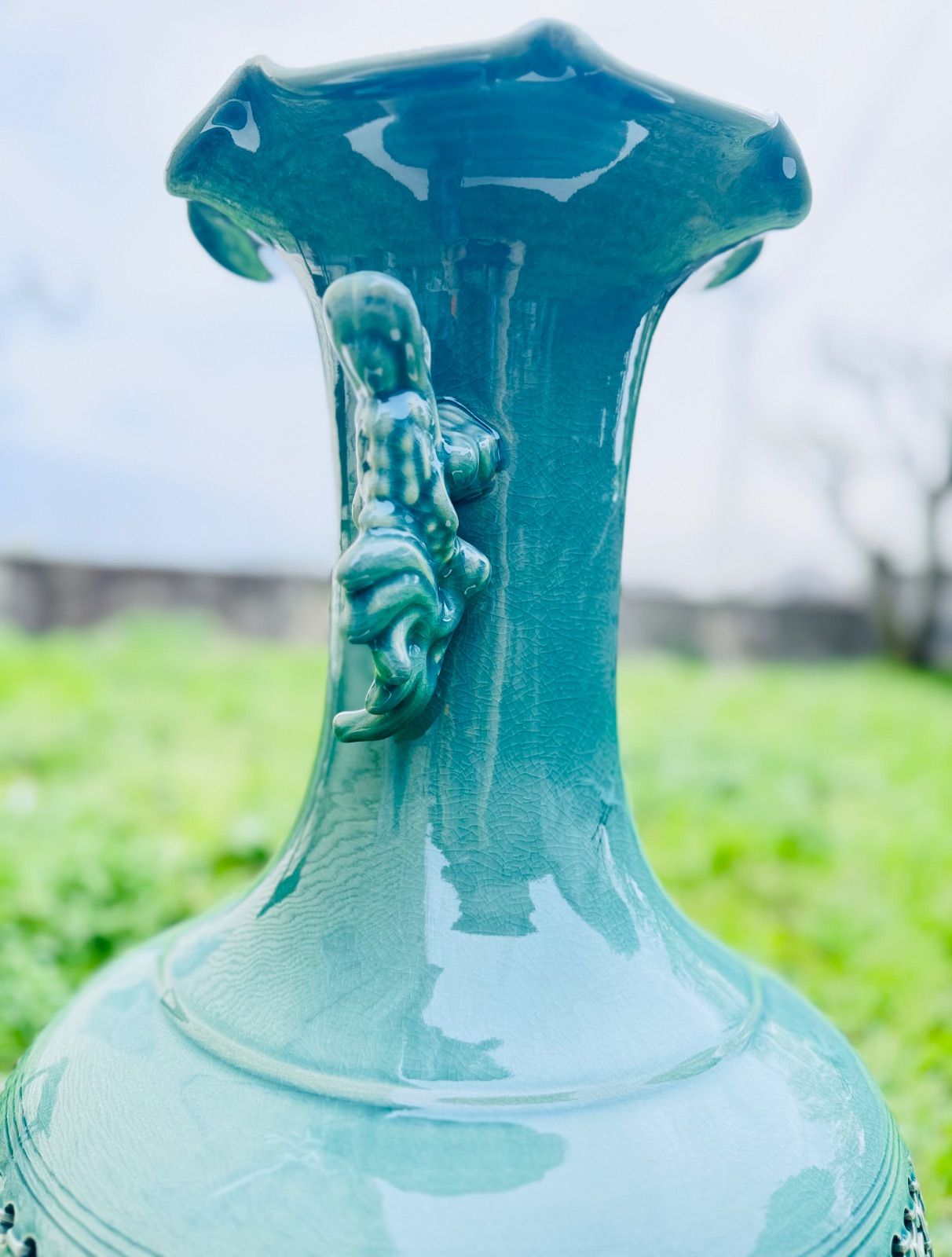 骨董品 東山 海光 壺 網目透かし 耳付 大花瓶青磁 花瓶 花器