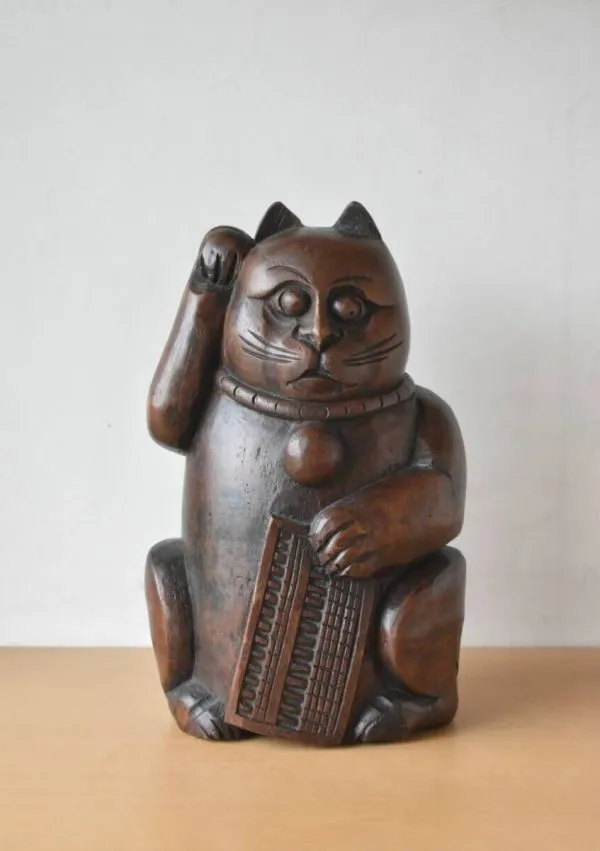 大正時代 手塗り色絵 可愛い招き猫 招福 縁起物 陶器 置物 25センチ