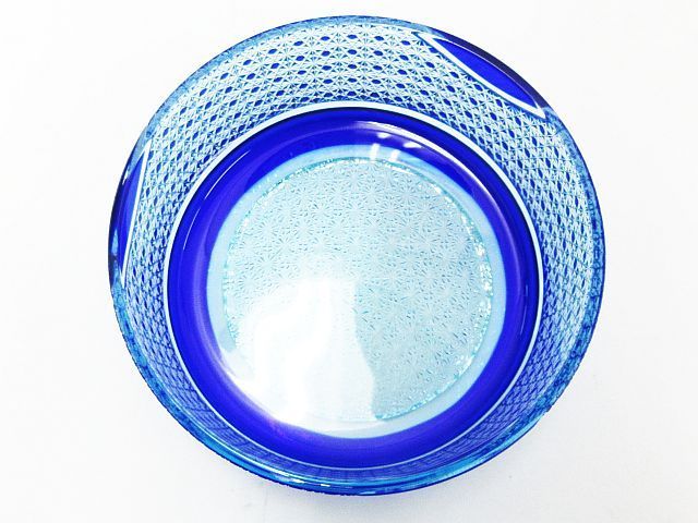 江戸切子 門脇硝子加工所 中鉢 ブルー 青 直径約16cm 共箱付き Z005-