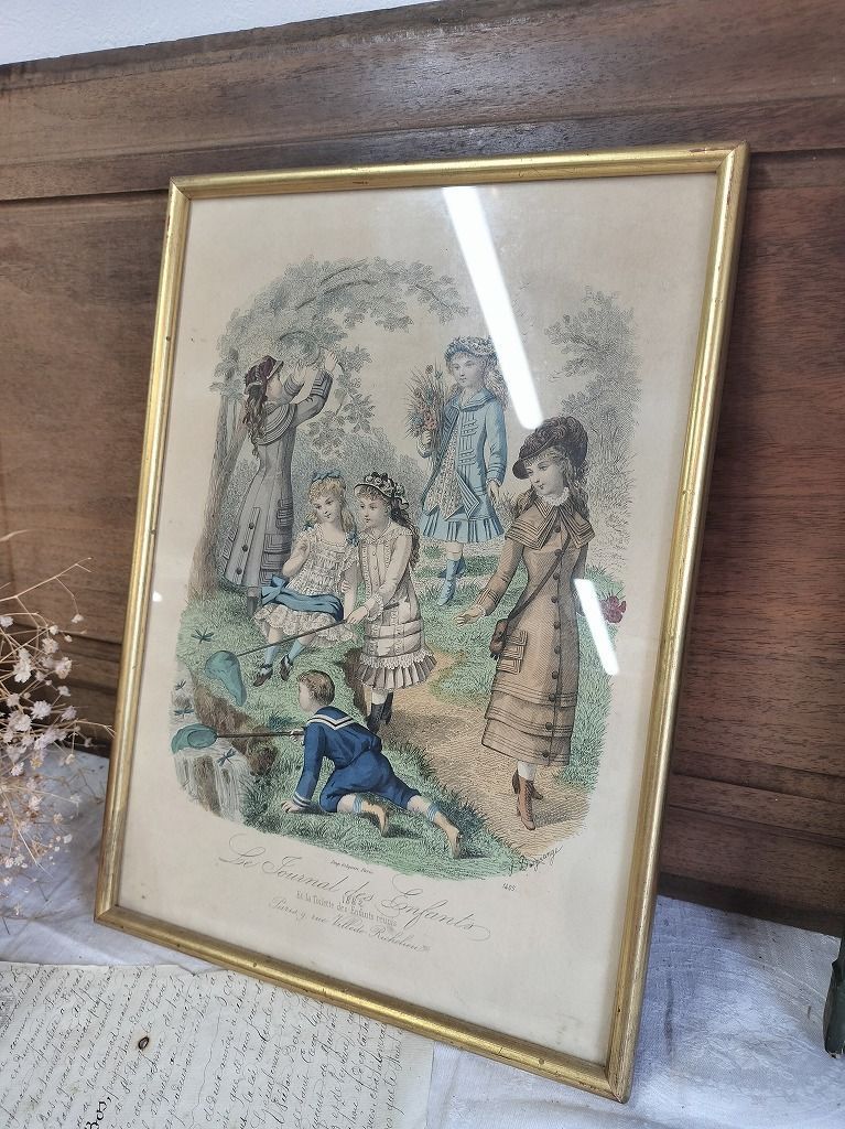 フランス アンティーク 木製 ファッションイラスト付き フレーム 額