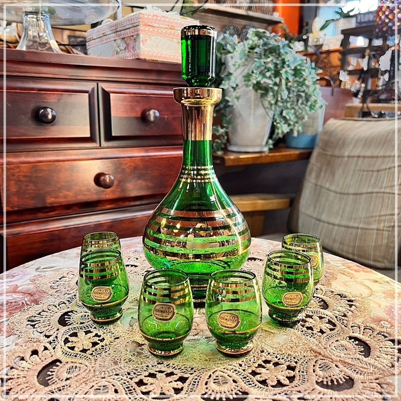 ボヘミア 水差し 販売済み グラス6個セット アンティーク 緑 デカンタ