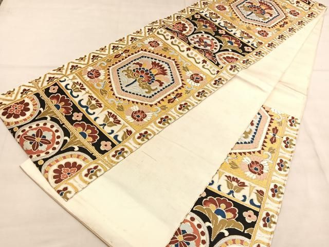 銀糸 正絹 袋帯 唐織 亀甲小花華紋 六通 振袖，留袖など 銀糸正絹袋帯