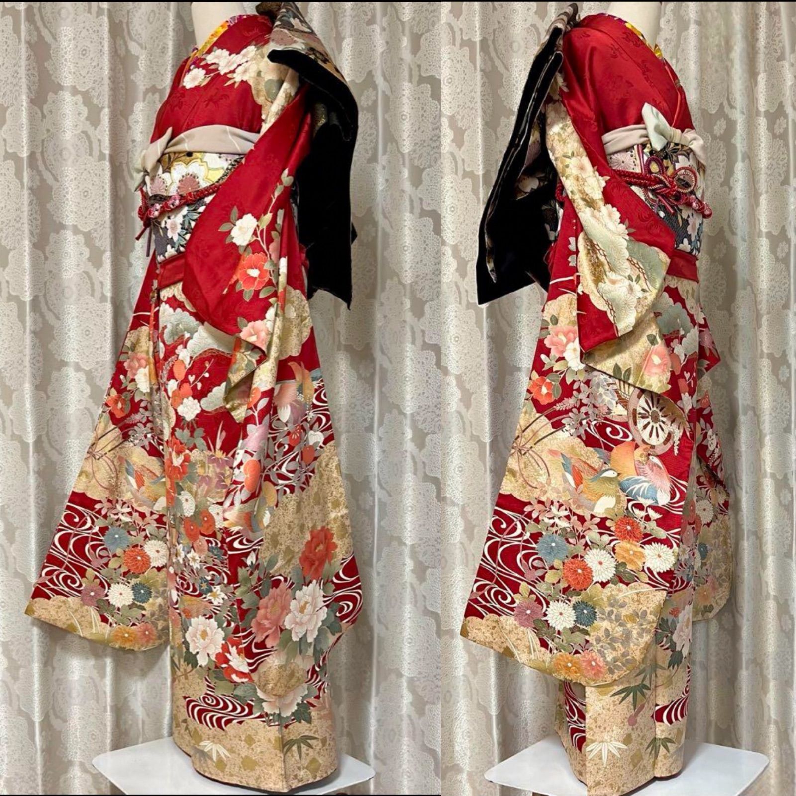 スピ買□ 着物 1円 名品 振袖 赤 四季草花 蝶 金糸 金彩 染分け 落款