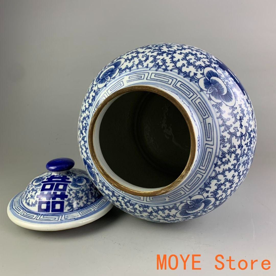 青花 花鳥六方将軍缶 磁器 現代工芸品 美術品 装飾品 置物 清乾隆