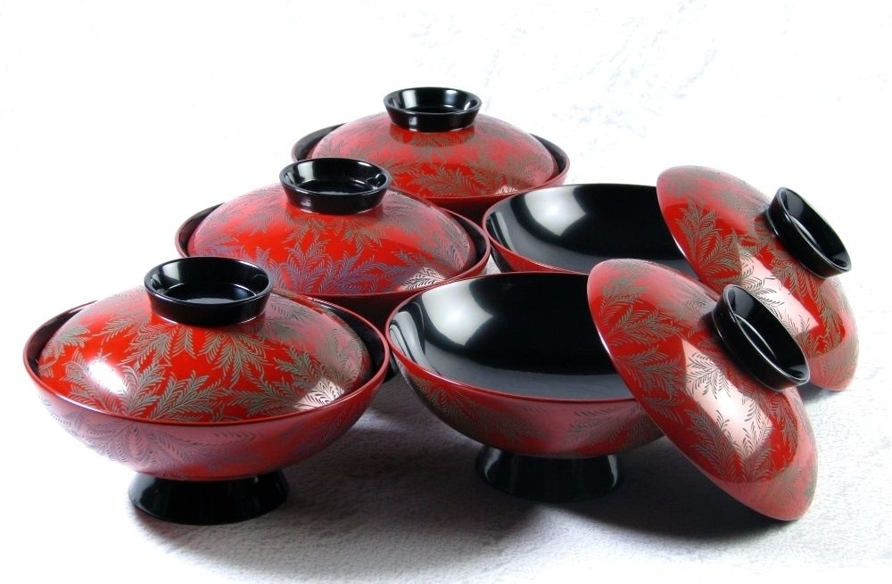 輪島塗 漆器 蓋付 吸物椀 沈金 朱塗 煮物 雑煮 10客 汁椀 鷹 輪島塗椀