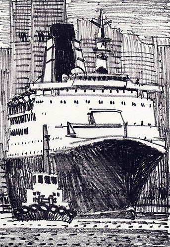 柳原良平 「QE2」1992年 6号 油彩 キャンバス鑑定書有 船と富士山の