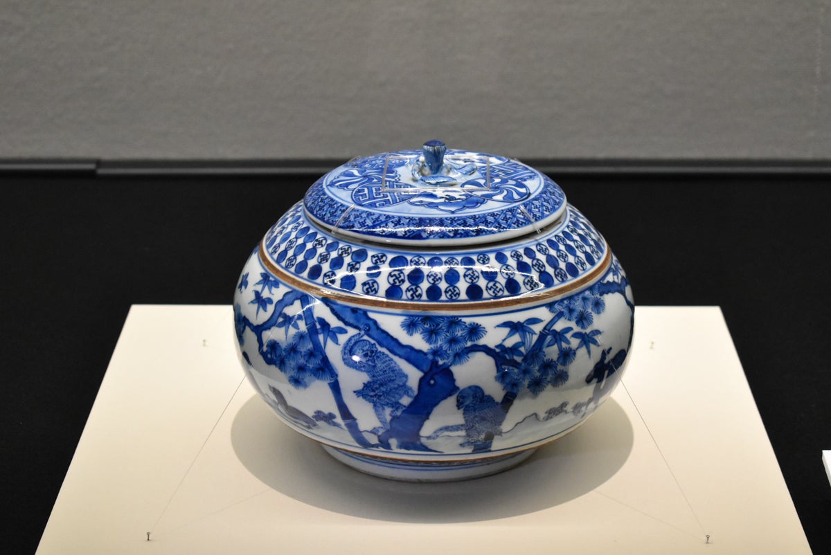 中国美術 倣古 青花 山水人物紋 蓋碗 祥瑞 五件 φ10.5cm 旧家蔵出 中国