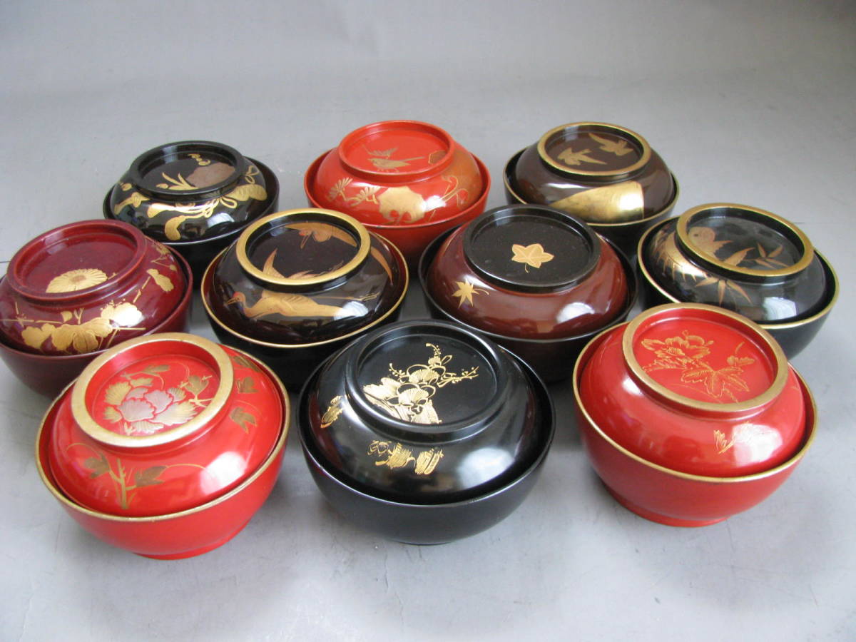 ☆蒔絵沈金吸物・菓子椀図変り十客☆大正木製漆器☆骨董