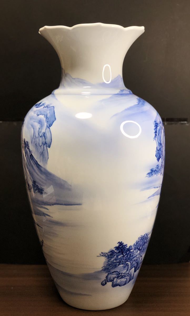 高37cmの大作！有田焼名工『緒方松右衛門』染付山水文 大花瓶 壷 共箱