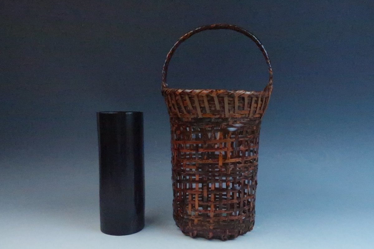 京竹細工 平安 竹美斎 石田正一 未使用美品 浸竹 編組 竹編 籠花入