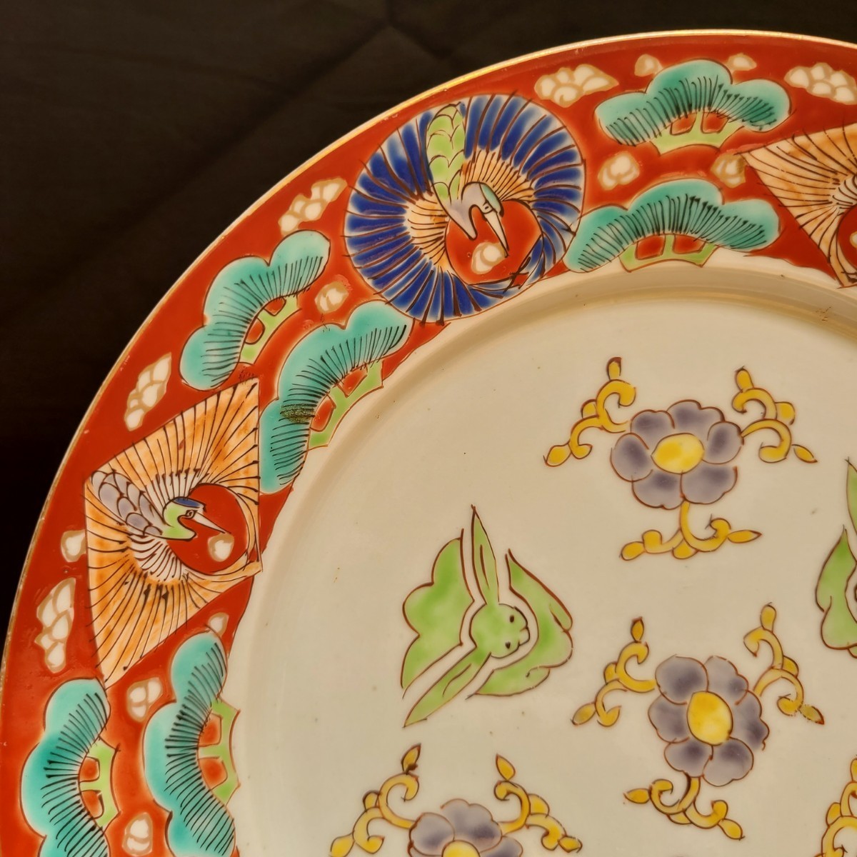 明治末～大正期 幻の窯元 源六窯 色絵扇松鶴文小皿 10枚 直径11.6