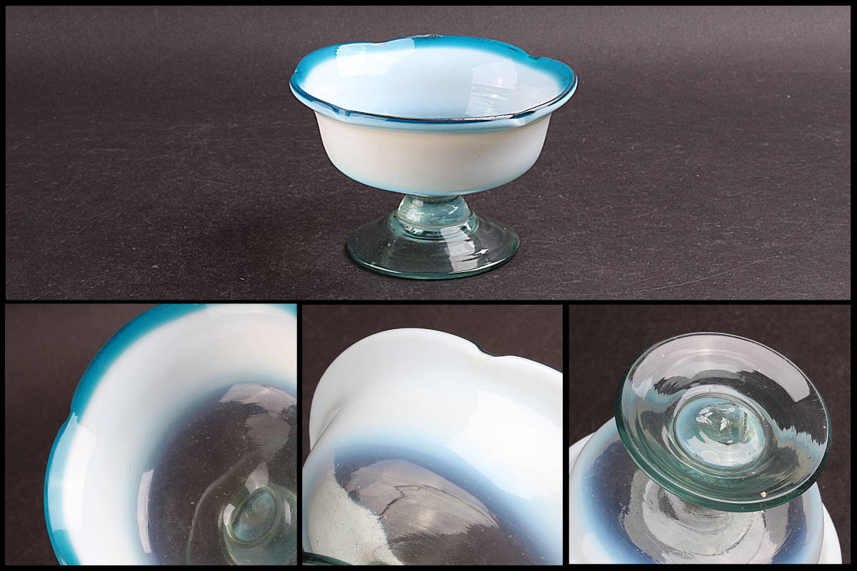 氷コップ① 乳白色 青縁 大正ガラス