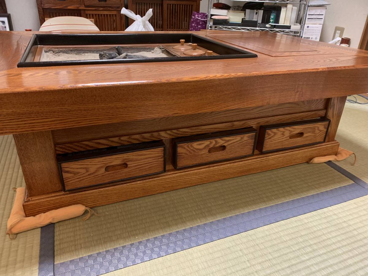 欅無垢材 囲炉裏型座卓 長火鉢 銅壺付