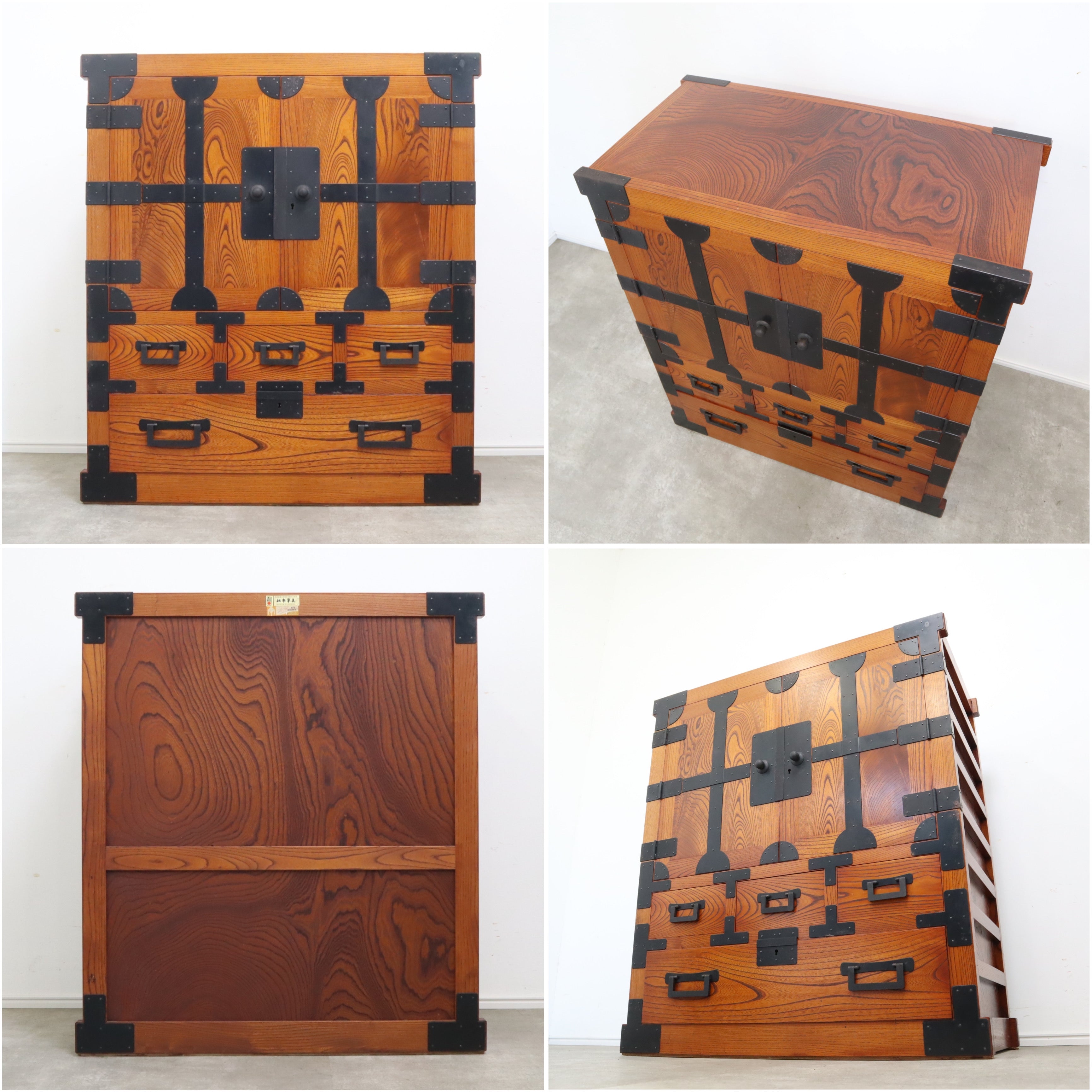 欅(ケヤキ)無垢材 古い棚 / 民藝 骨董 天板に傷あり 4段6杯の民芸