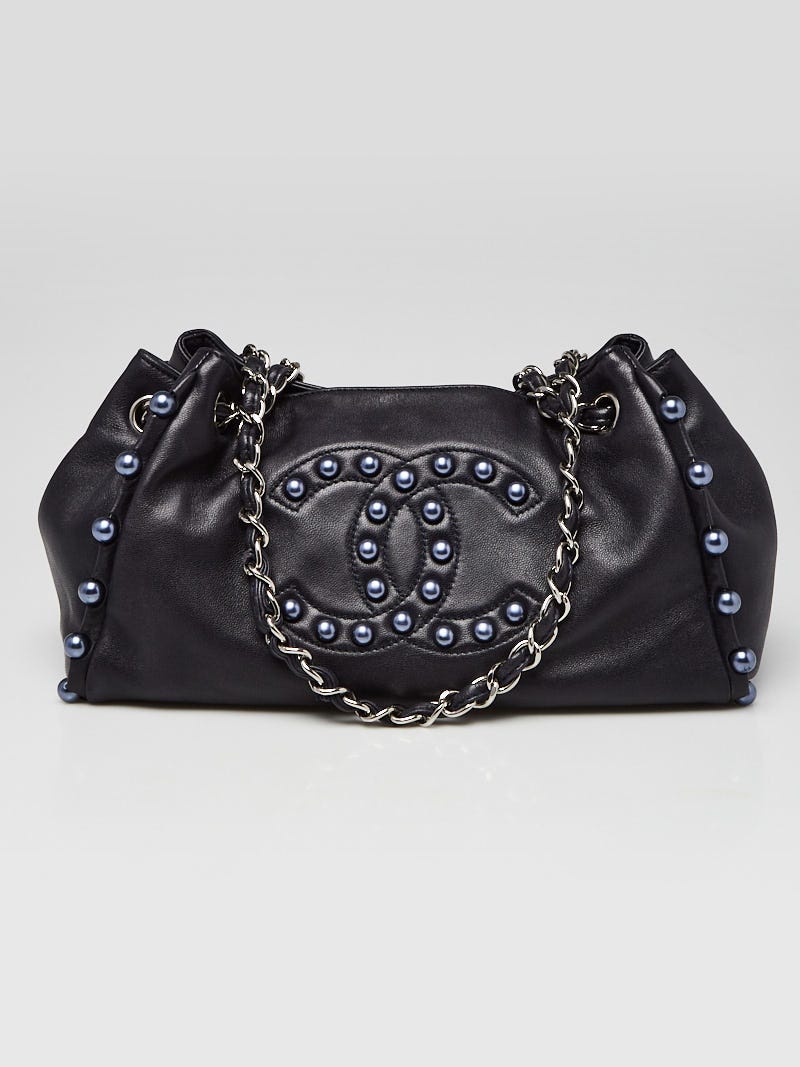 Chanel Navy Blue Lambskin Leather Pearl Obsession Small Accordion