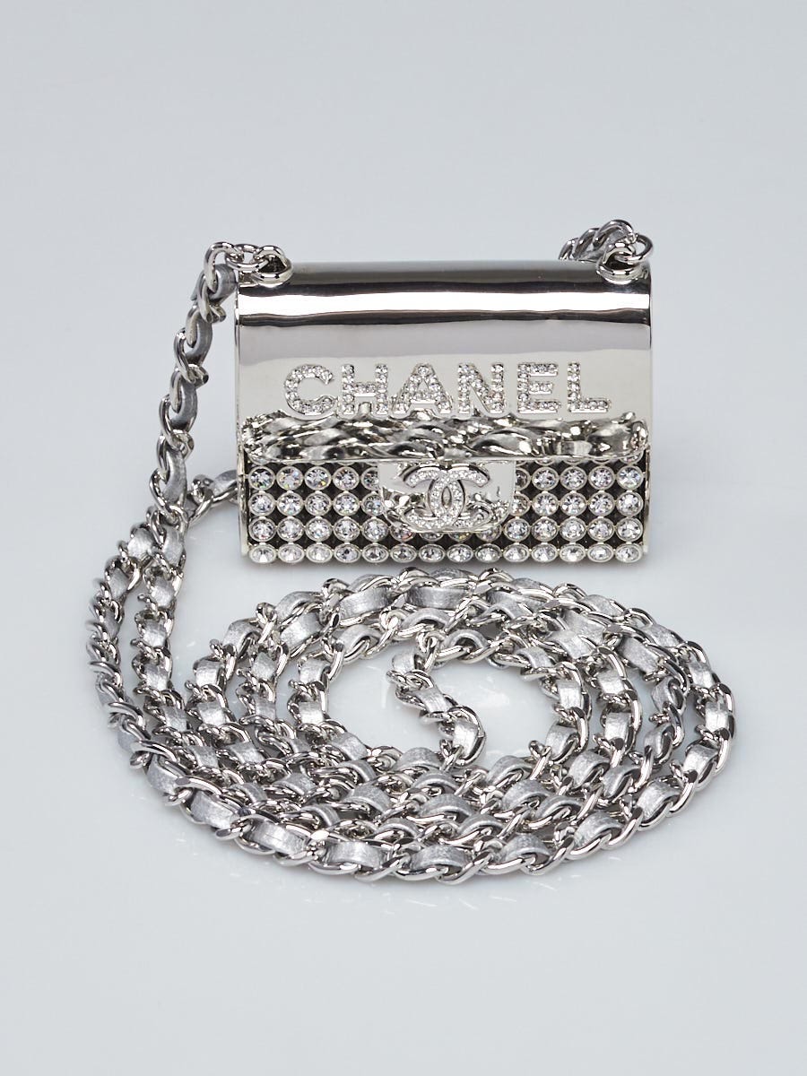 Chanel Silvertone Metal and Strass Crystal Flap Bag Necklace