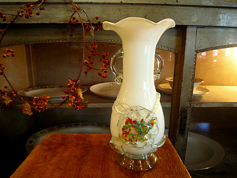 大正ロマン ガラス花瓶 フリルバラ 手作り吹ガラス 大正ロマン ガラス