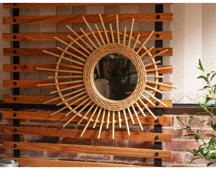 ラタン 籐家具 ウォールミラー 壁掛け鏡丸型 オールドラタン