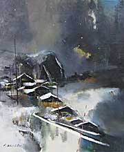 小松明（津軽残照）油彩 P20号 風景人気画家 k.Akira 小松明（津軽残照