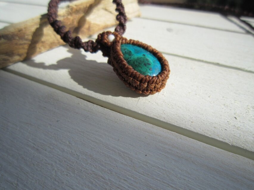 マクラメ編みクリソコラマラカイトのネックレス マラカイトクリソコラ