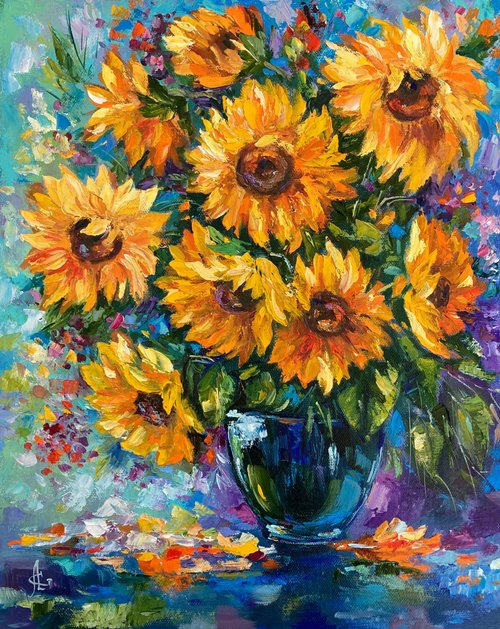 キャンバス油絵 専用 たっぷり入れた花瓶の青いお花 キャンバス油絵