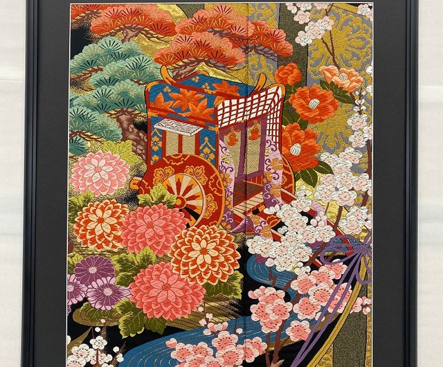 品番114 刺繍着物 和モダン 和風インテリア 御所車 流水柄 プレゼント
