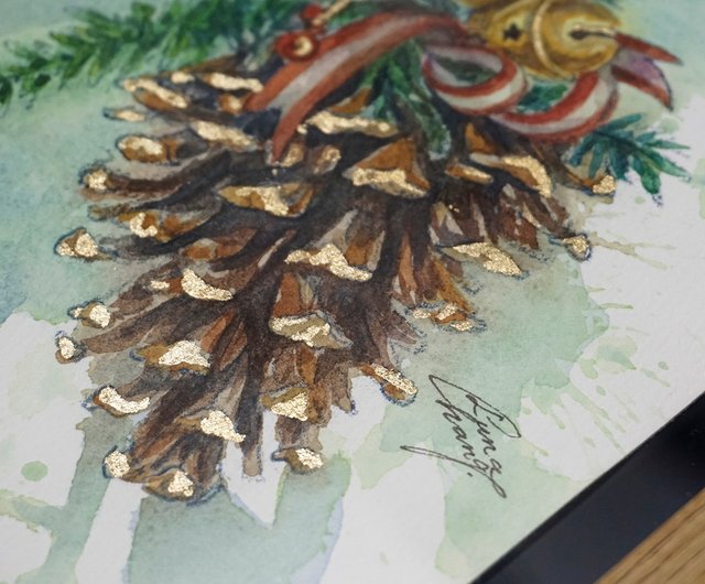 台湾 【クリスマスの松ぼっくり】原画｜クリスマスオーナメント 水彩画