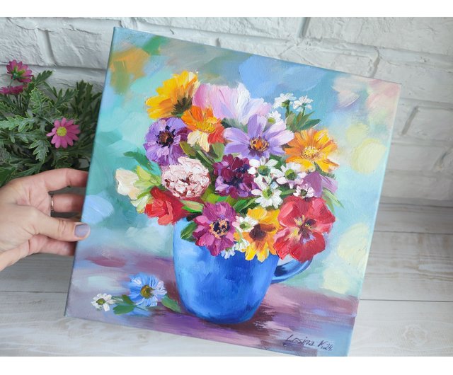 キャンバス油絵 専用 たっぷり入れた花瓶の青いお花 キャンバス油絵