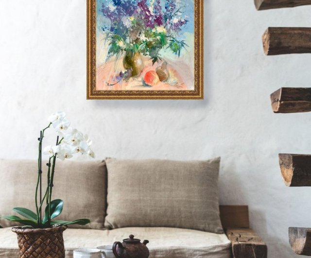 キャンバス油絵 専用 たっぷり入れた花瓶の青いお花 キャンバス油絵