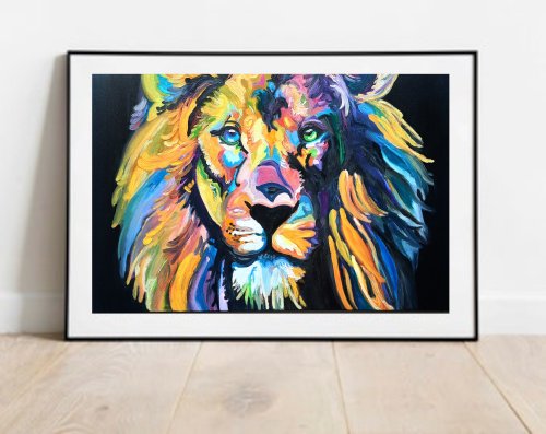 キャンバス油絵専用カラフルなたてがみの かわいいライオン